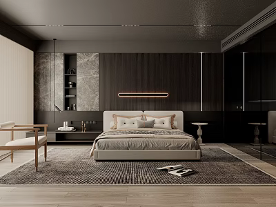 Modern Bedroom Interior With Dark Ceiling Wooden Wall Beige Bed Nightstands And Patterned Rug 3d model