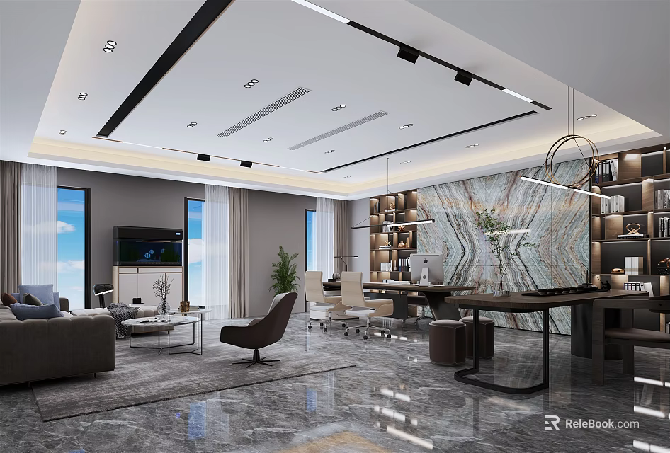 Modern Office Interior Design With Work Desk Sofa Bookshelf And Marble Wall Features 3d model 