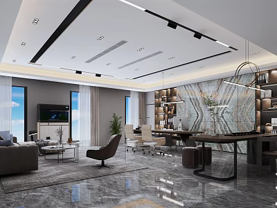 Modern Office Interior Design With Work Desk Sofa Bookshelf And Marble Wall Features 3d model
