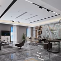 Modern Office Interior Design With Work Desk Sofa Bookshelf And Marble Wall Features