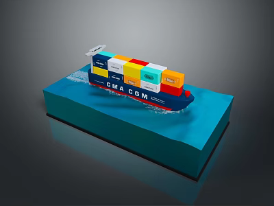 CMA CGM Container Ship Model With Colorful Containers On Blue Water Base 3d model