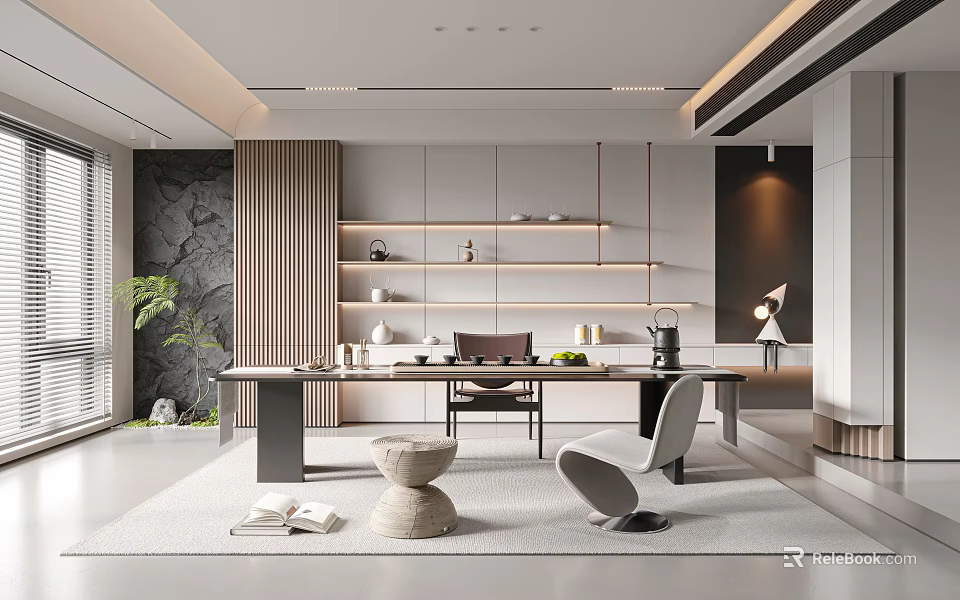 Modern Minimalist Tea Room Interior With Table Chairs Shelves And Plants 3d model
