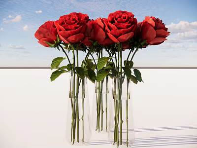 Bonsai Potted Plant With Red Roses Green Leaves And Blue Sky Background 3d model