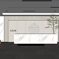 Modern Reception Desk Design With Marble Top White Wooden Decor Green Plant And Orange Sofa