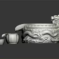 Stone Garden Ornament Featuring Intricate Dragon Carving And Small Decorative Basins