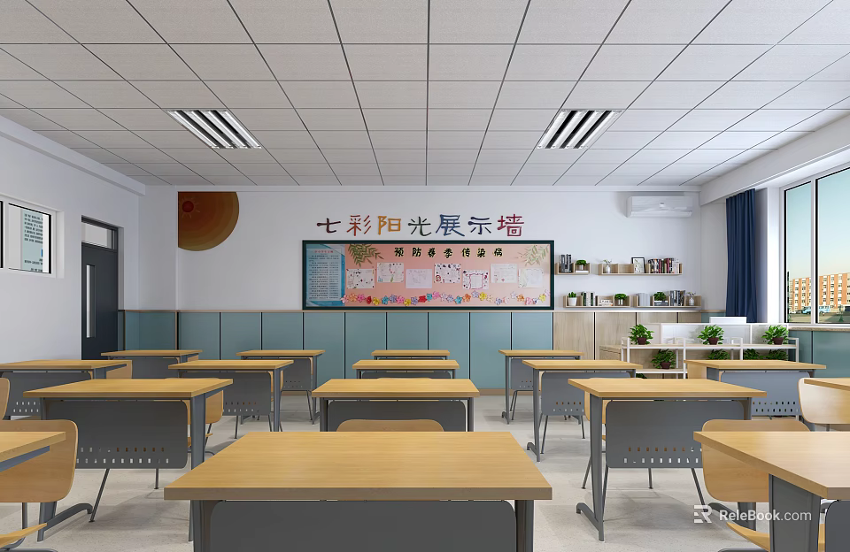 School Classroom Featuring Neat Desks Chairs And Colorful Seven Colors Sunshine Display Wall 3d model 