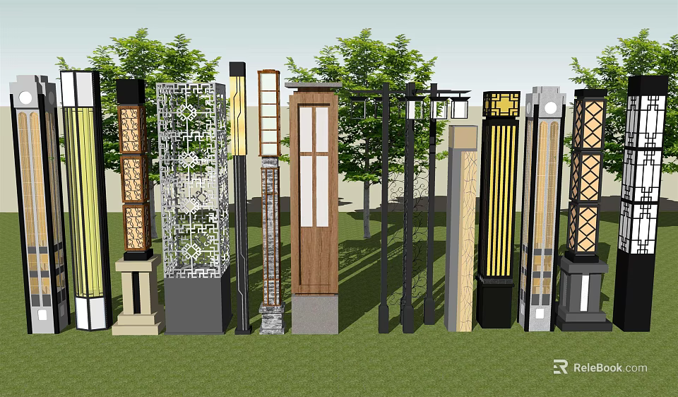 Different Styles Outdoor Lights With Decorative Patterns And Metal Wood Materials For Garden Yard 3d model 