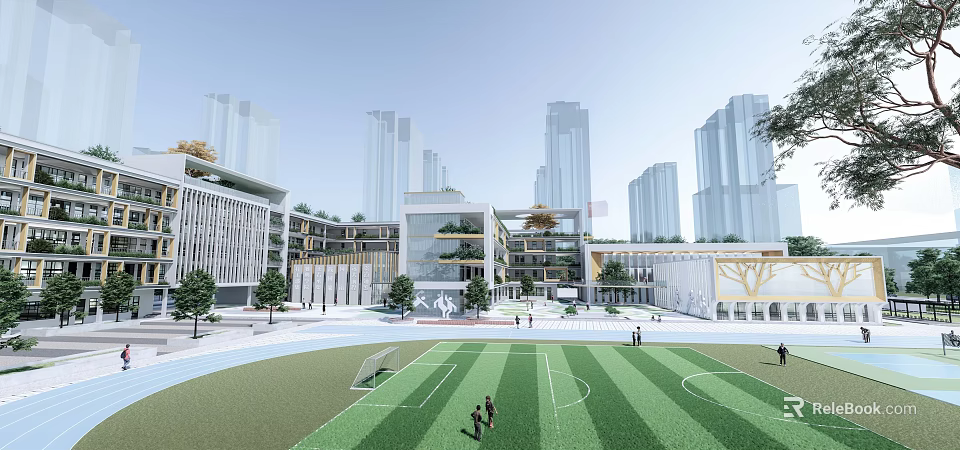 Modern Multi Story School Building With Green Turf Playground And High Rise Buildings Background 3d model 