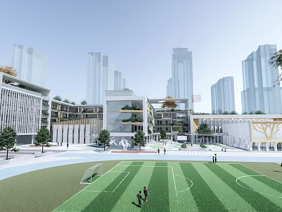 Modern Multi Story School Building With Green Turf Playground And High Rise Buildings Background 3d model