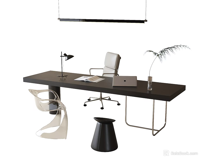 Modern Black Desk Setup With Desk Lamp Laptop Documents White Chair And Plant 3d model 