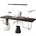 Modern Black Desk Setup With Desk Lamp Laptop Documents White Chair And Plant