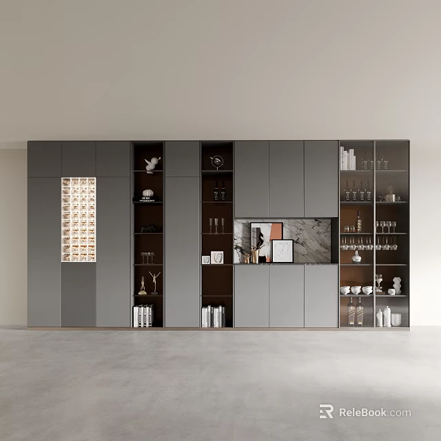 Modern Gray Entryway and Side Cabinet with Display Shelves for Decor Books and Wine Glasses 3d model 