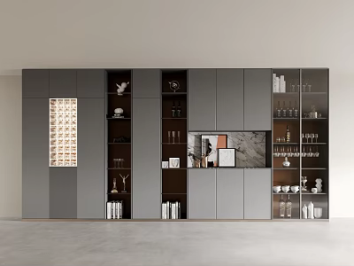 Modern Gray Entryway and Side Cabinet with Display Shelves for Decor Books and Wine Glasses 3d model