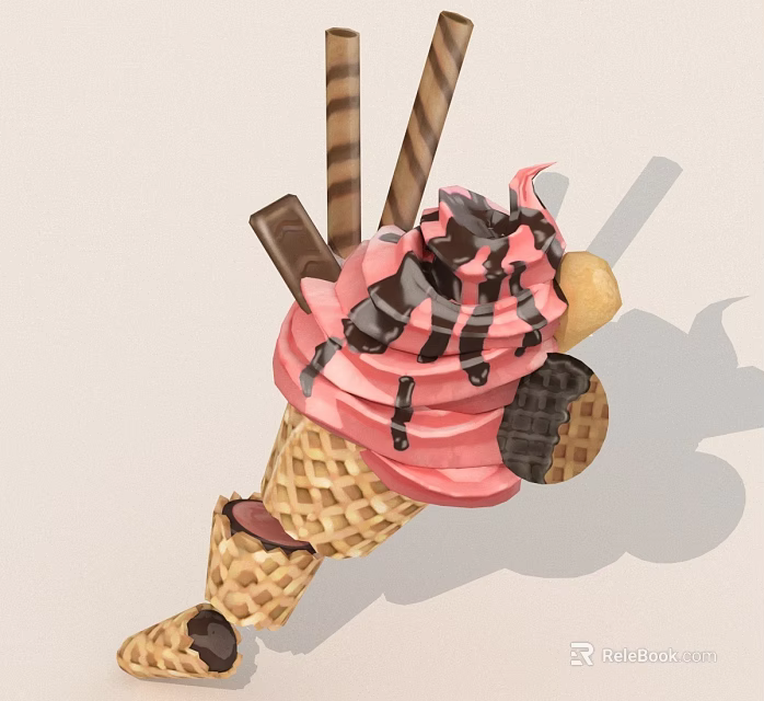 Delicious Pink Ice Cream Cone With Chocolate Drizzle Waffle Cone And Toppings 3d model 