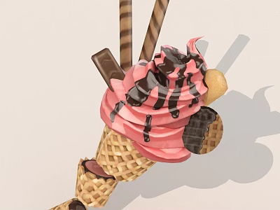 Delicious Pink Ice Cream Cone With Chocolate Drizzle Waffle Cone And Toppings 3d model