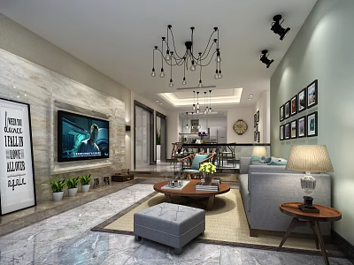 Modern Living Room Dining Area Interior With Chandelier Sofa Coffee Table TV Framed Pictures Plants 3d model