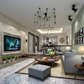 Modern Living Room Dining Area Interior With Chandelier Sofa Coffee Table TV Framed Pictures Plants