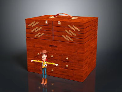 Red Wooden Chest With Drawers And Straps Featuring Cowboy Toy Figure Standing Next To 3d model