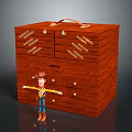 Red Wooden Chest With Drawers And Straps Featuring Cowboy Toy Figure Standing Next To
