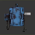 Blue Industrial Gear Motor With Yellow Warning Label And Connected Cable