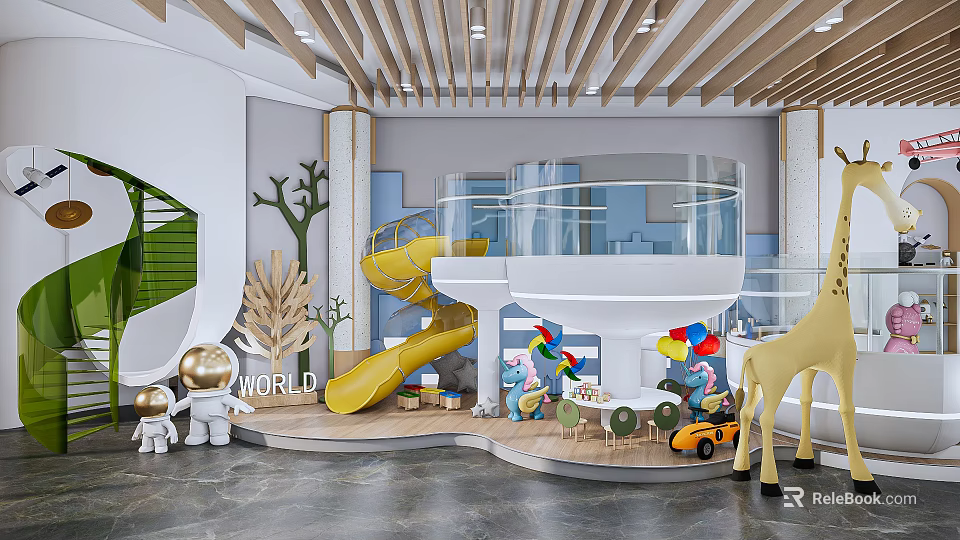 Colorful Kindergarten Interior With Yellow Slide Giraffe Toys And Astronaut Dolls 3d model 