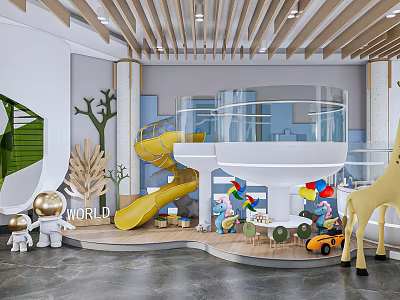 Colorful Kindergarten Interior With Yellow Slide Giraffe Toys And Astronaut Dolls 3d model