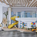 Colorful Kindergarten Interior With Yellow Slide Giraffe Toys And Astronaut Dolls