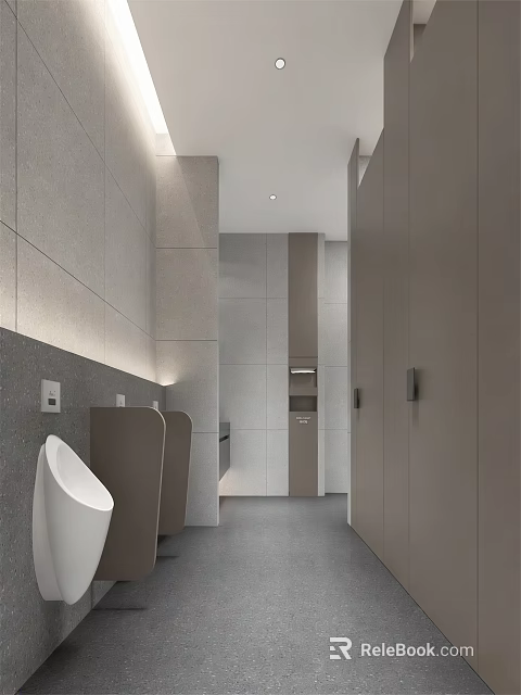 Modern Minimalist Commercial Bathroom With Neutral Tiles Sleek Stalls And Soft Ambient Lighting 3d model 