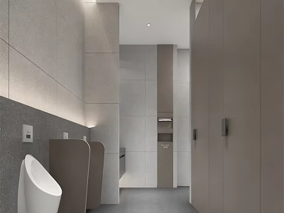 Modern Minimalist Commercial Bathroom With Neutral Tiles Sleek Stalls And Soft Ambient Lighting 3d model