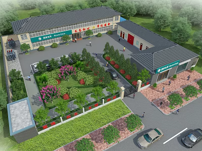 Industrial Factory Building Exterior With Landscaped Gardens Parking Area And Surrounding Greenery 3d model