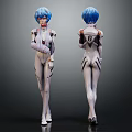 Blue Haired Anime Character Figure Front Back View With White Bodysuit And Black Red Details