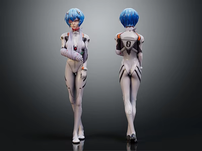 Blue Haired Anime Character Figure Front Back View With White Bodysuit And Black Red Details 3d model