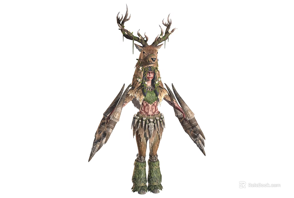 Mystical Deer Headed Game Character With Feathered Wings And Tribal Outfit 3d model 