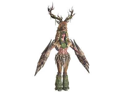 Mystical Deer Headed Game Character With Feathered Wings And Tribal Outfit 3d model