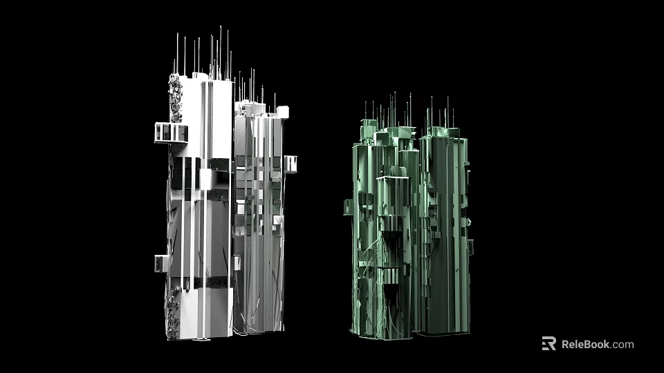 Futuristic Architecture Design Featuring Silver And Green Skyscrapers With Geometric Spires 3d model 