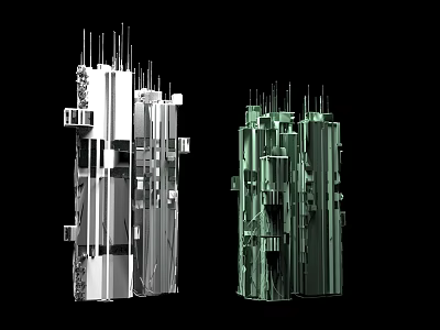 Futuristic Architecture Design Featuring Silver And Green Skyscrapers With Geometric Spires 3d model