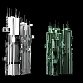 Futuristic Architecture Design Featuring Silver And Green Skyscrapers With Geometric Spires