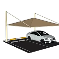 Outdoor Carport with Canvas Roof and Supporting Poles for White Car Parking Space