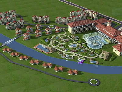 Residential Community Resort Layout With Multiple Buildings Gardens Ponds River And Green Lawns 3d model