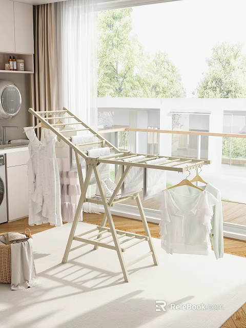 Modern Foldable Clothes Drying Rack With White Clothes On Balcony Home Use 3d model 