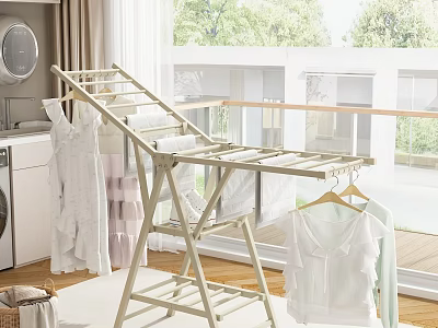 Modern Foldable Clothes Drying Rack With White Clothes On Balcony Home Use 3d model