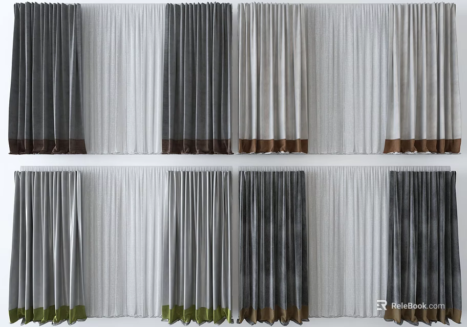 Modern Window Curtains With Gray White And Colored Bottom Trim For Home Decor 3d model 
