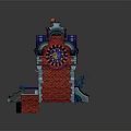 Fantasy Style Building Featuring Red Brick Walls Green Awning Blue Windows And Decorative Roof
