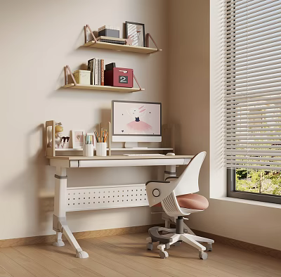 Kids Height Adjustable Desk with Monitor Bookshelves and White Pink Chair Near Window Blinds 3d model