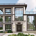 Modern Style Detached Villa Exterior With Large Glass Windows Balconies And Greenery