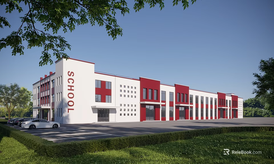 Modern Red and White School Building Exterior With Large Windows Green Lawn and Trees 3d model 