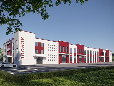 Modern Red and White School Building Exterior With Large Windows Green Lawn and Trees 3d model