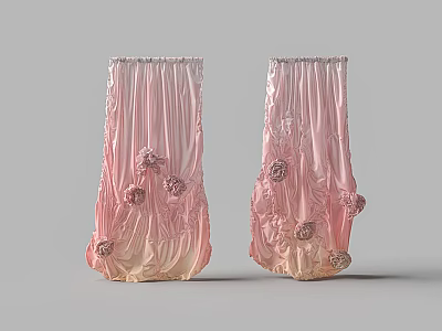 Elegant Pink Gradient Curtains With Floral Decorations And Soft Texture 3d model