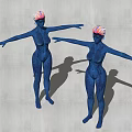 Two Women With Blue Skin Tattoos And Pink Orange Hair Arms Outstretched Against Gray Background