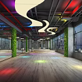 Modern Gym Interior With Colorful Lighting Fitness Equipment And City Night View Windows